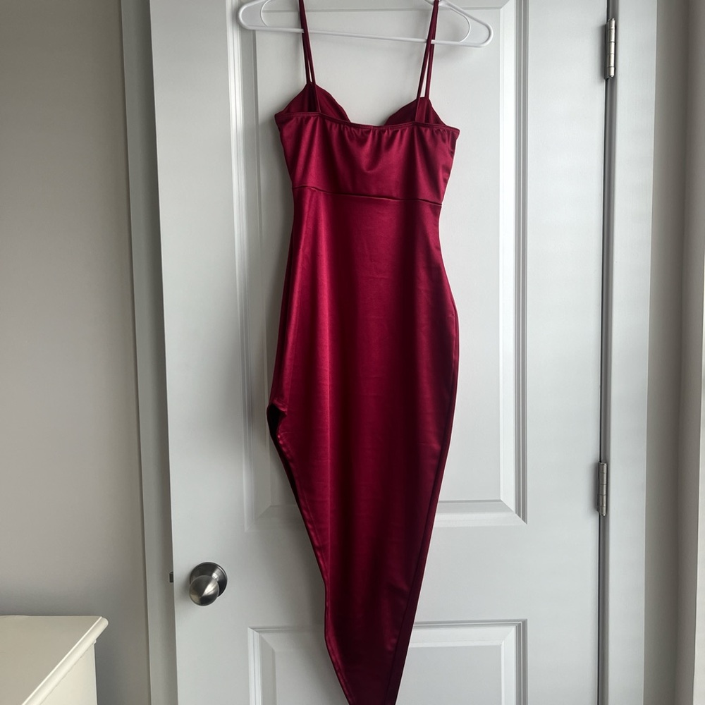 Red Satin Asymmetrical Cowl Neck Dress - Picture 2 of 5